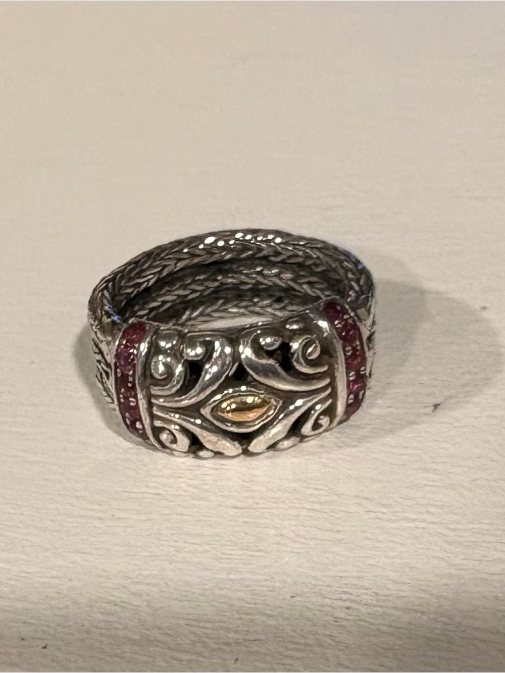 Robert Manse Silver Filigree Ring with Gold Accent featuring Garnets Size 7